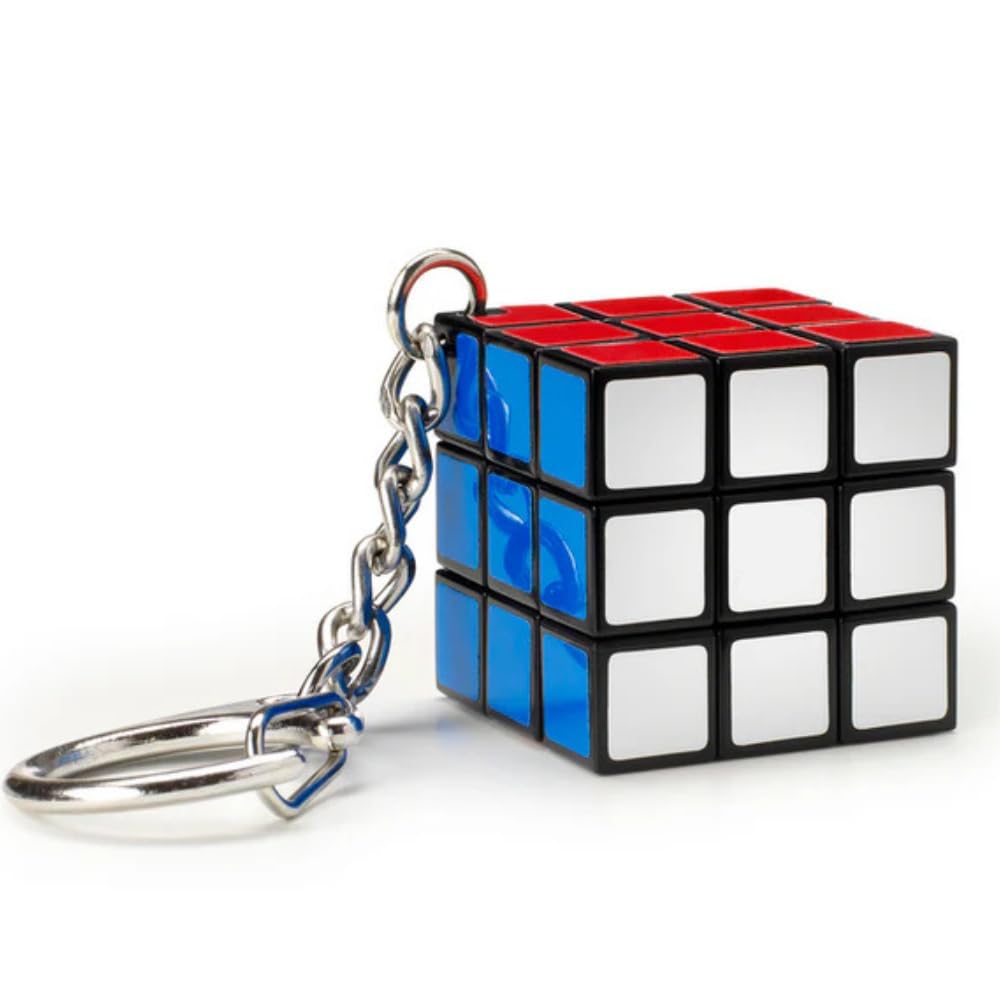 Rubiks Cube Keychain from a set of 10, featuring a mini 3x3 puzzle cube with red, blue, and white tiles. Ideal for travel and brain-boosting fun.