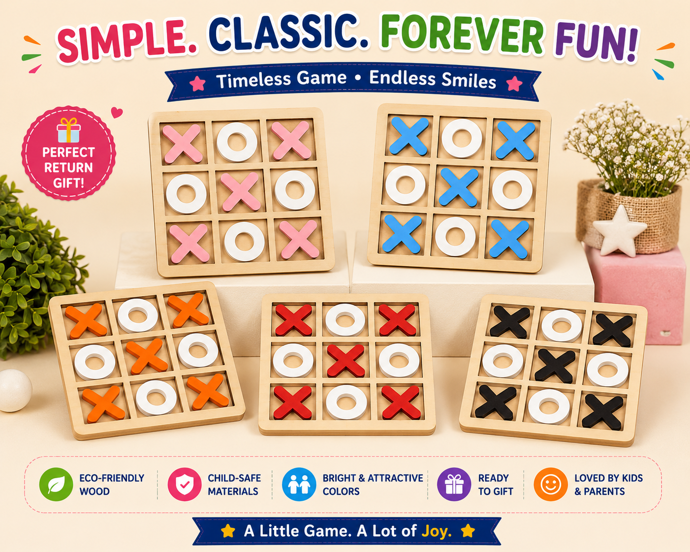 Wooden Tic Tac Toe Game for Kids & Families | Classic Strategy Board Game | Return Gift & Travel Game