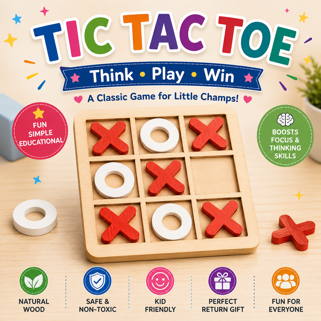 Wooden Tic Tac Toe Game for Kids & Families | Classic Strategy Board Game | Return Gift & Travel Game