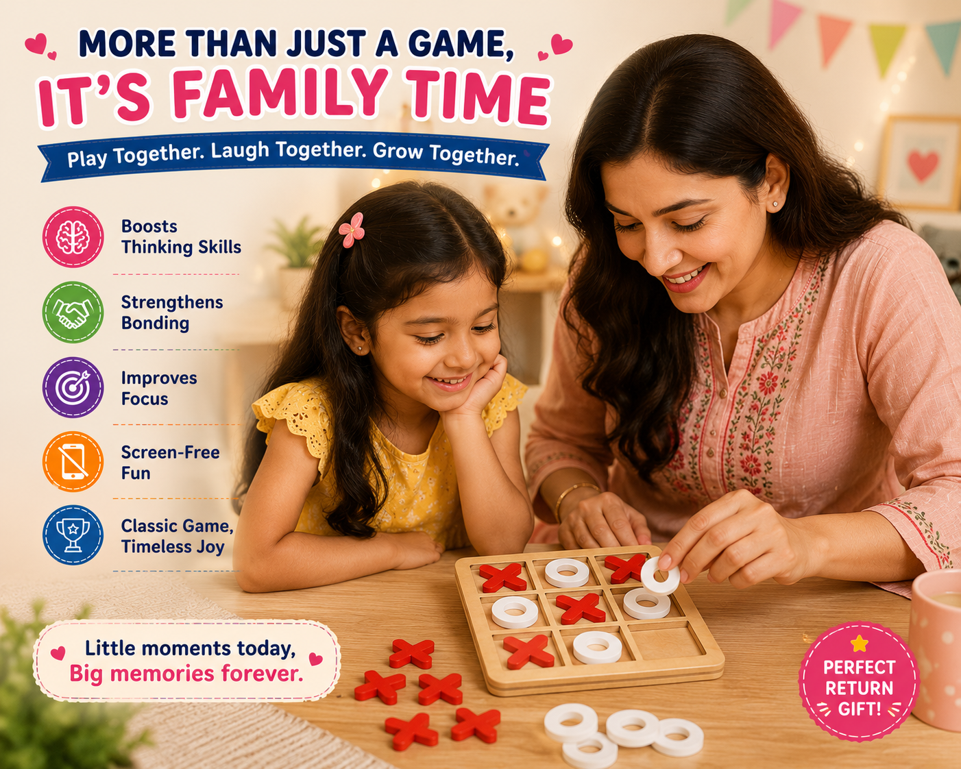 Wooden Tic Tac Toe Game for Kids & Families | Classic Strategy Board Game | Return Gift & Travel Game