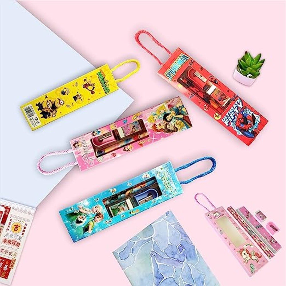 Cartoon-Themed Stationery Starter Set – Pencil, Scale, Eraser & Sharpener Combo for Kids