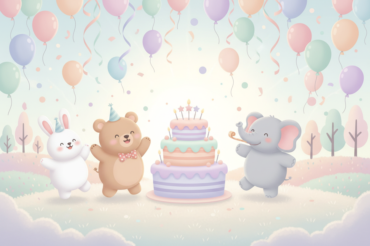 kids birthday celebration with cartoons/ animation without any age and make it in pastel colors